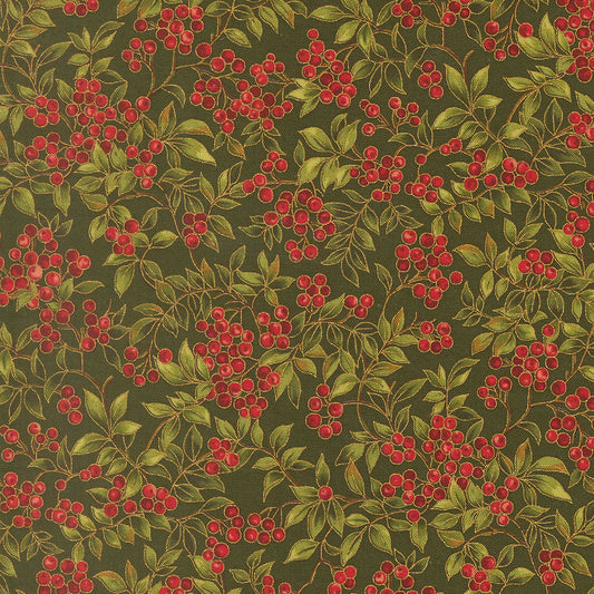 Merry Manor Metallic Hollyberry Christmas Berries Evergreen by Moda Fabrics for Moda Fabrics 33864-13M