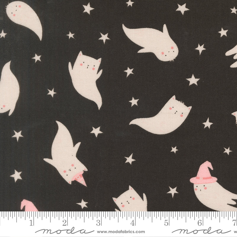Purrs And Boos Ghost Novelty Black Cat by Elena Amo for Moda Fabrics 39061-16 scale