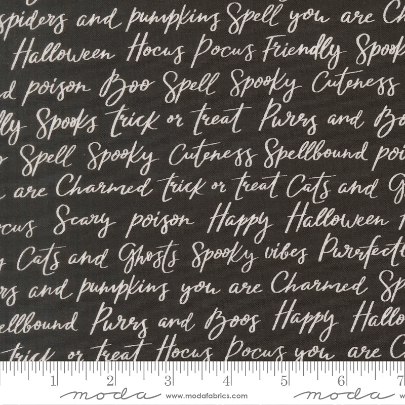 Purrs And Boos Happy Halloween Lettering Text and Words Black Cat by Elena Amo for Moda Fabrics 39062-16 scale