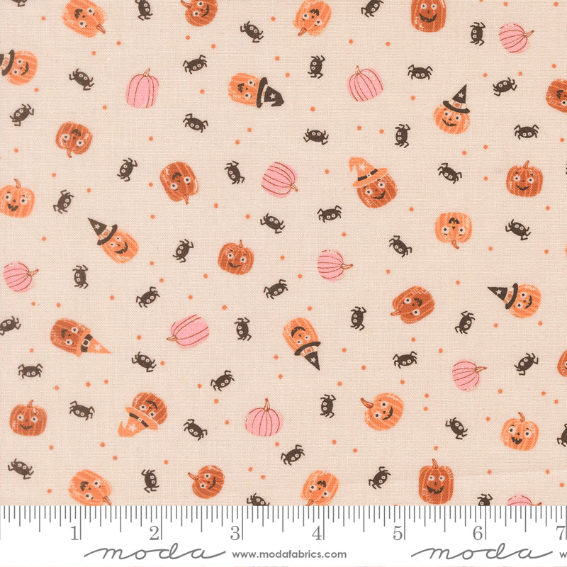 Purrs And Boos Friendly Pumpkin and Spiders Novelty Moonbeam by Elena Amo for Moda Fabrics 39064-11 scale