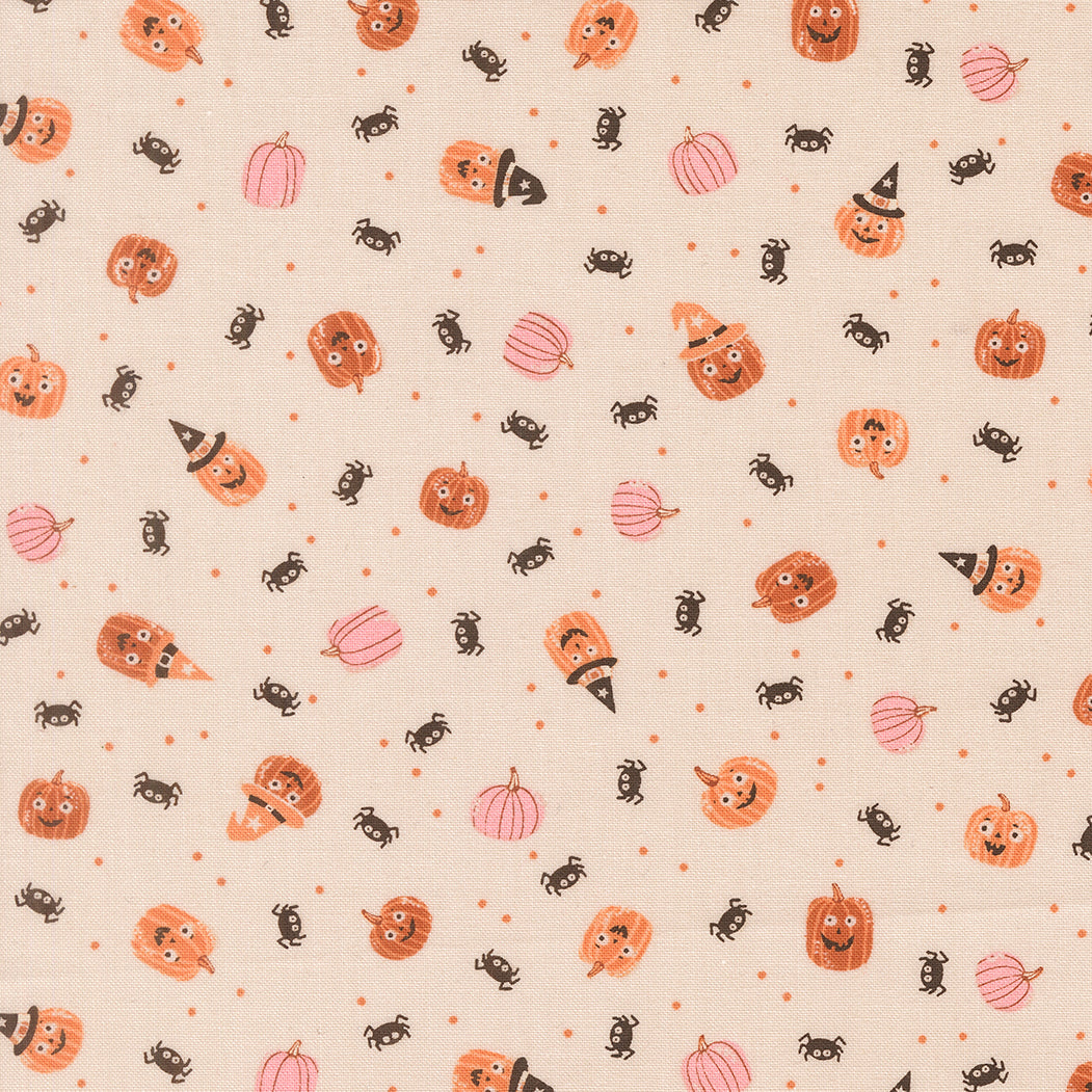Purrs And Boos Friendly Pumpkin and Spiders Novelty Moonbeam by Elena Amo for Moda Fabrics 39064-11