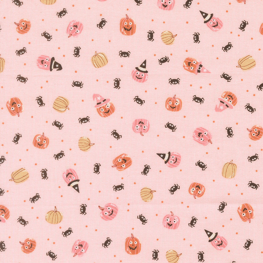 Purrs And Boos Friendly Pumpkin and Spiders Novelty Purrfect Pink by Elena Amo for Moda Fabrics 39064-12