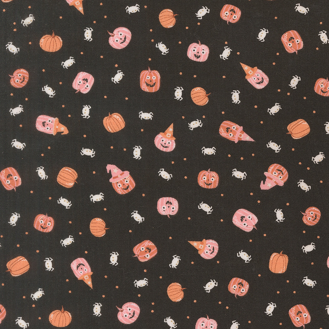 Purrs And Boos Friendly Pumpkin and Spiders Novelty Black Cat by Elena Amo for Moda Fabrics 39064-16