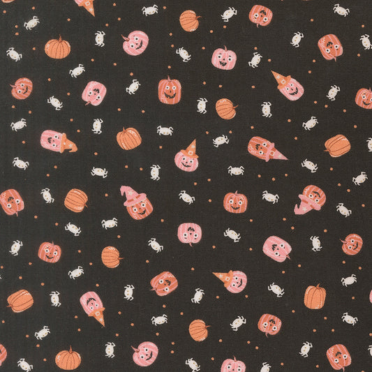 Purrs And Boos Friendly Pumpkin and Spiders Novelty Black Cat by Elena Amo for Moda Fabrics 39064-16