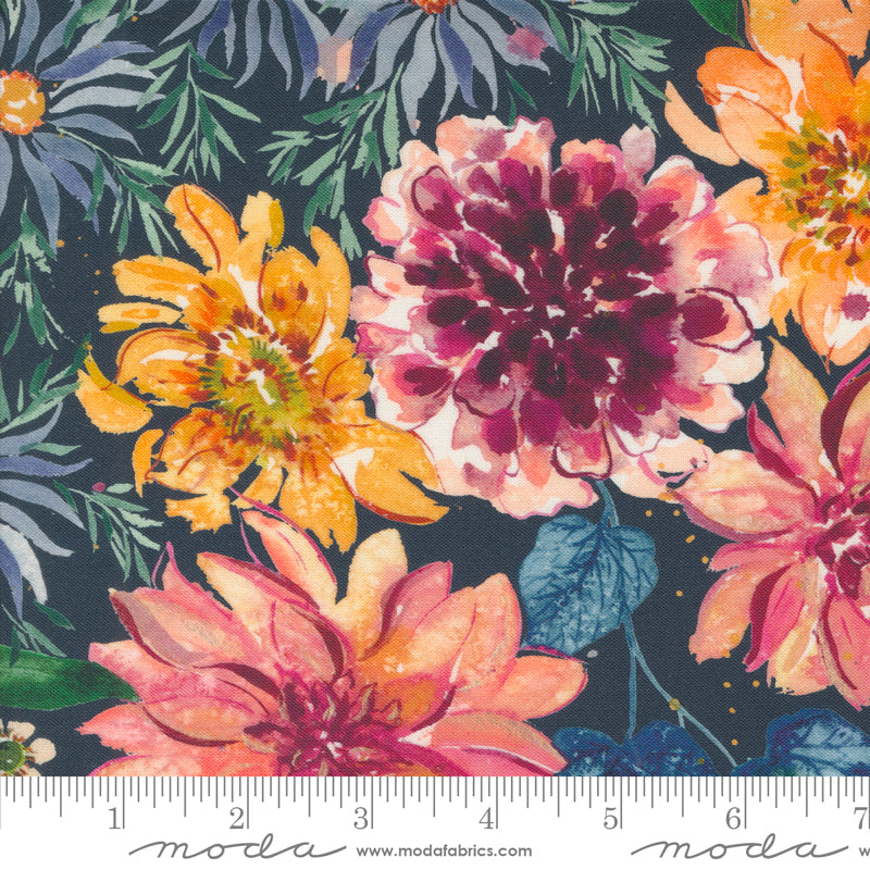 Floribunda Retro Harvest Large Floral Watercolor Sunflowers Midnight by Create Joy Project for Moda Fabrics 39800-12 scale