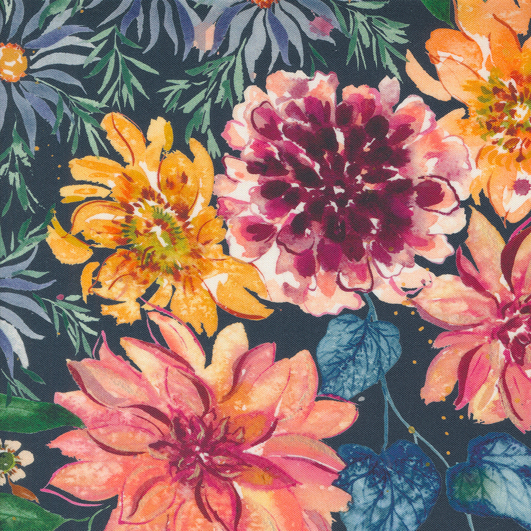 Floribunda Retro Harvest Large Floral Watercolor Sunflowers Midnight by Create Joy Project for Moda Fabrics 39800-12