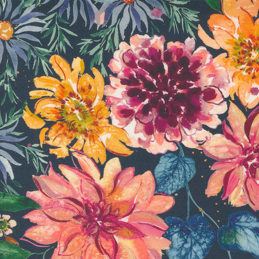 Floribunda Retro Harvest Large Floral Watercolor Sunflowers Midnight by Create Joy Project for Moda Fabrics 39800-12