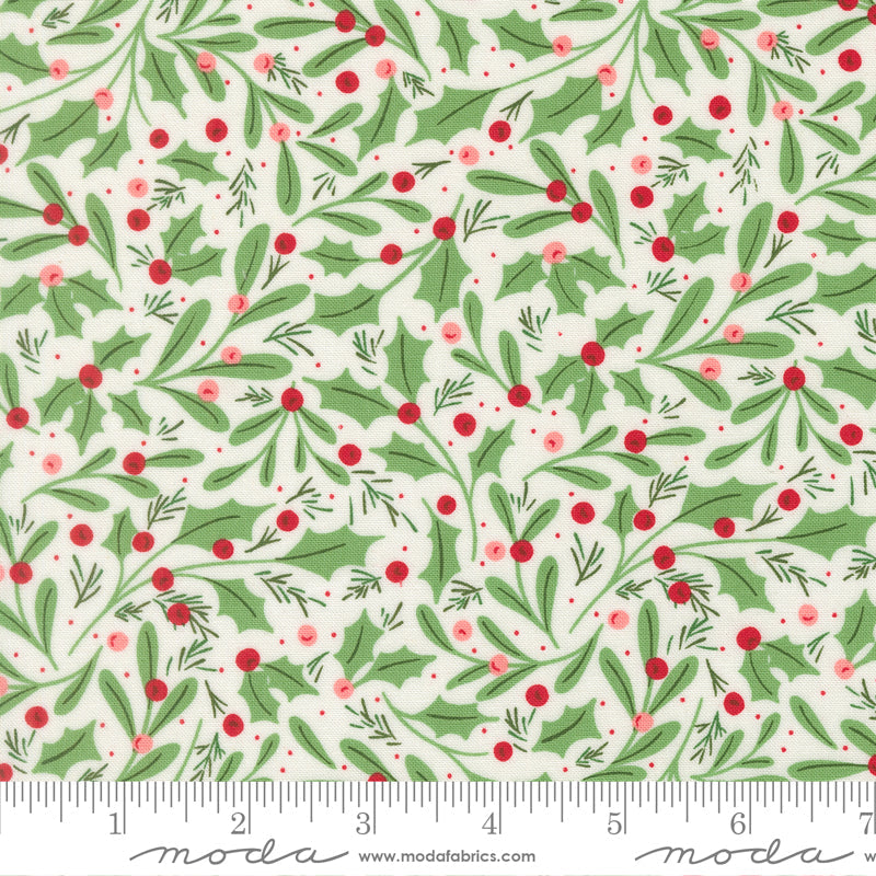 Merrily On High Winter Berries Christmas Holly Snow by Sweetfire Road for Moda Fabrics 43211-11 scale