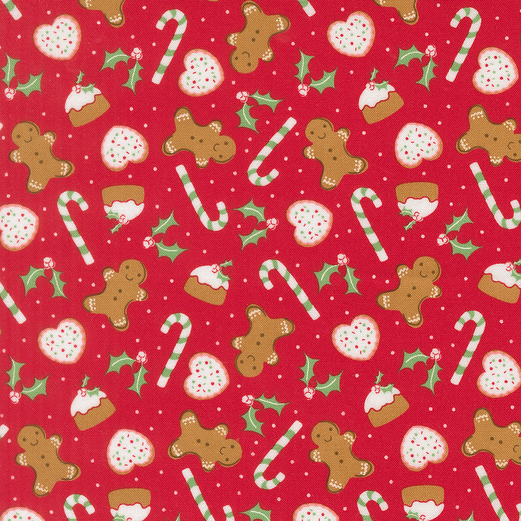 Merrily On High Sweet Treats Novelty Gingerbread Candycane Holly Christmas Red by Sweetfire Road for Moda Fabrics 43212-13