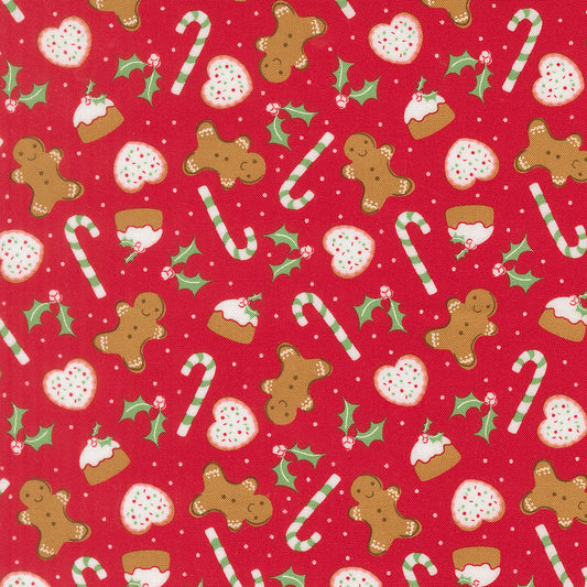 Merrily On High Sweet Treats Novelty Gingerbread Candycane Holly Christmas Red by Sweetfire Road for Moda Fabrics 43212-13