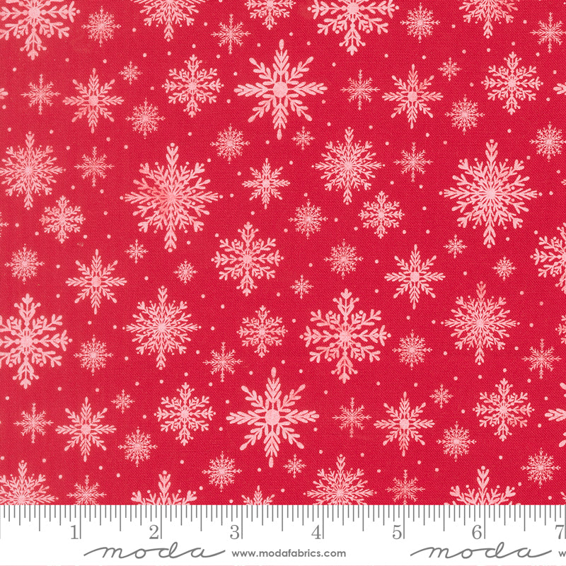 Merrily On High Softly Snowing Christmas Snowflake Christmas Red by Sweetfire Road for Moda Fabrics 43214-13 scale