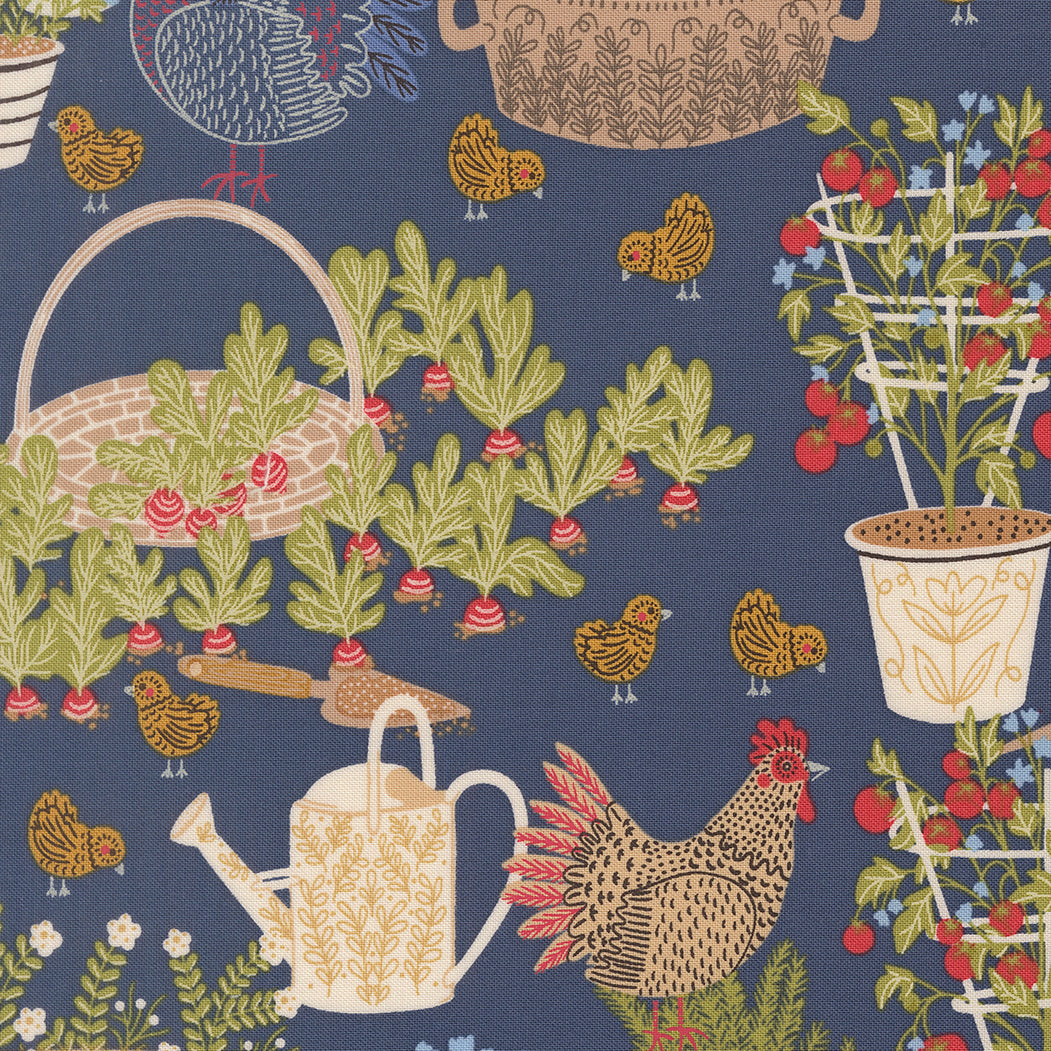The Henhouse DENIM Chicken Garden yardage