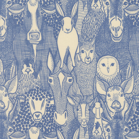The Henhouse COBALT Barnyard Faces yardage