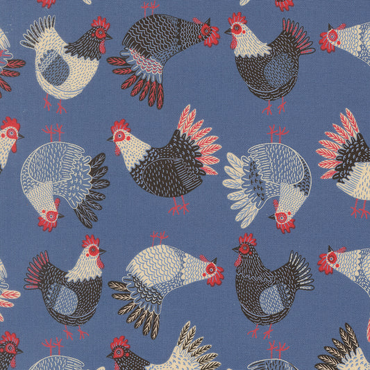 The Henhouse COBALT Tossed Chickens yardage