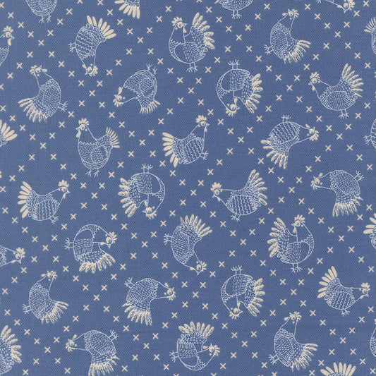 The Henhouse COBALT Cross Stitch Chickens yardage