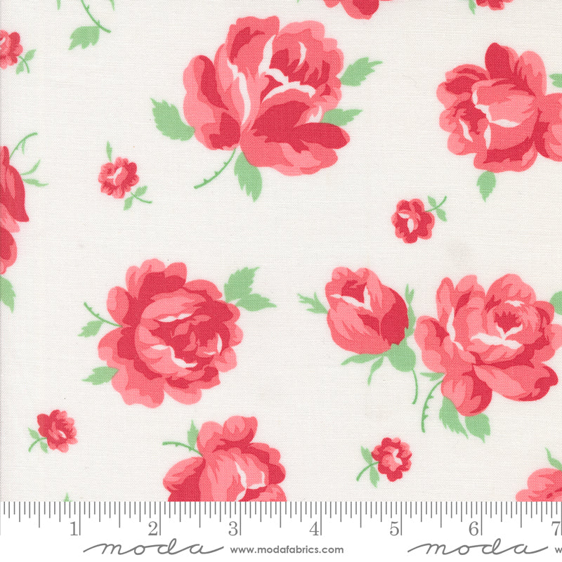 Summertime Bold Red Roses Cream by Camille Roskelley for Moda Fabrics 55320-11 scale