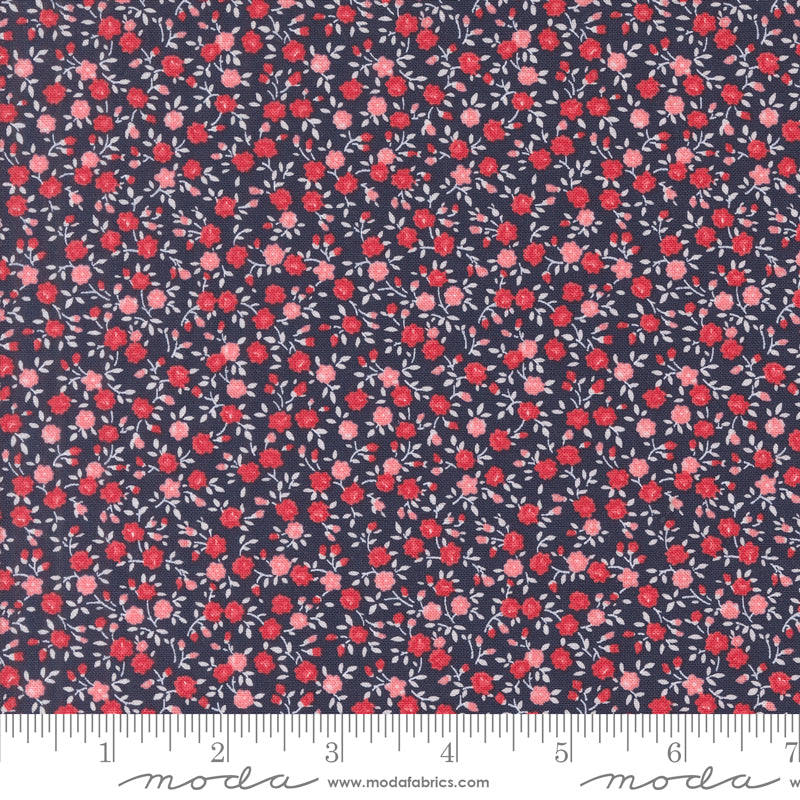 Summertime Scattered Flower Blooms Navy by Camille Roskelley for Moda Fabrics 55321-20 scale
