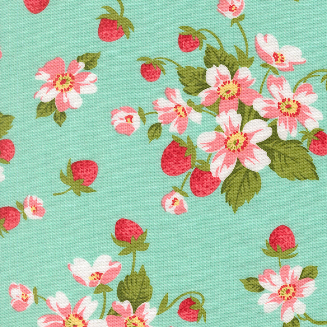 Bloomsberry In Bloom Florals Strawberries Aqua by Camille Roskelley for Moda Fabrics