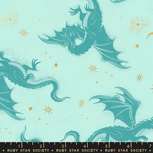 Fireglow Etched Dragons Novelty Metallic Dragon Fantasy Mint by Sarah Watts for Moda Fabrics RS2131-13M scale