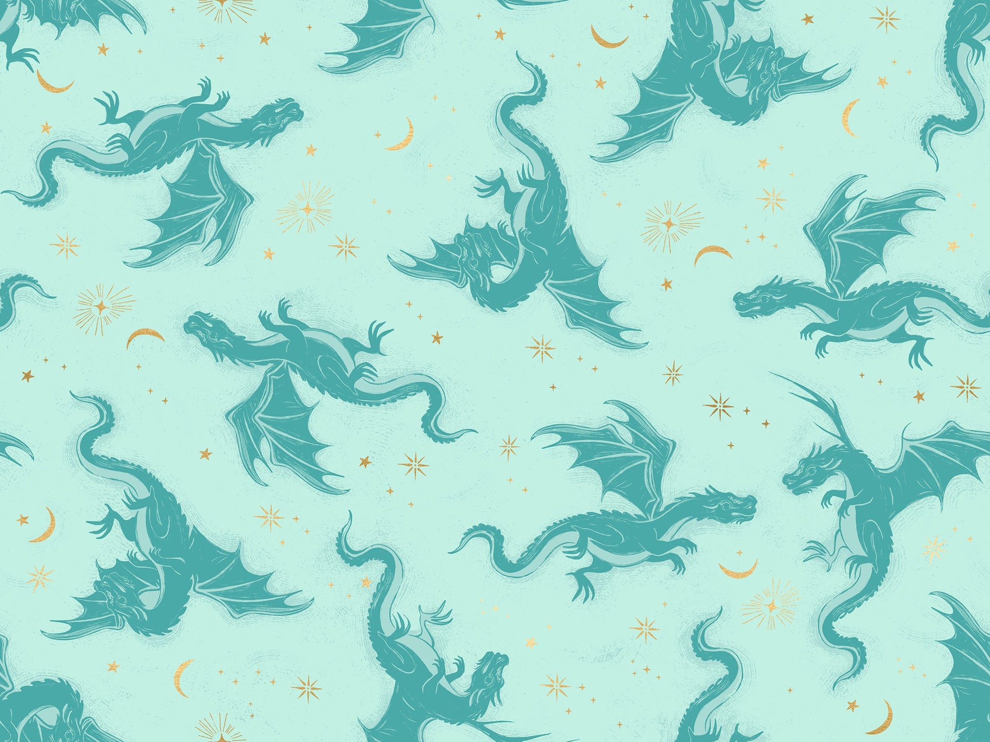 Fireglow Etched Dragons Novelty Metallic Dragon Fantasy Mint by Sarah Watts for Moda Fabrics RS2131-13M