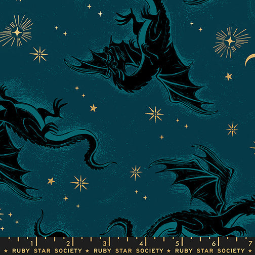 Fireglow Etched Dragons Novelty Metallic Dragon Fantasy Galaxy by Sarah Watts for Moda Fabrics RS2131-14M scale