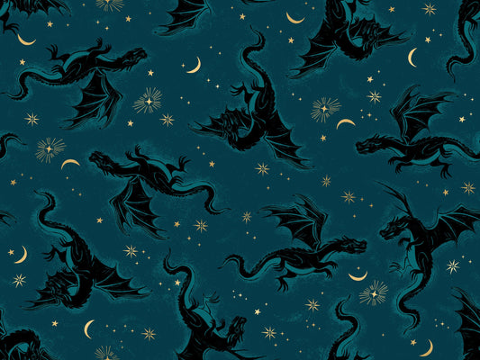 Fireglow Etched Dragons Novelty Metallic Dragon Fantasy Galaxy by Sarah Watts for Moda Fabrics RS2131-14M