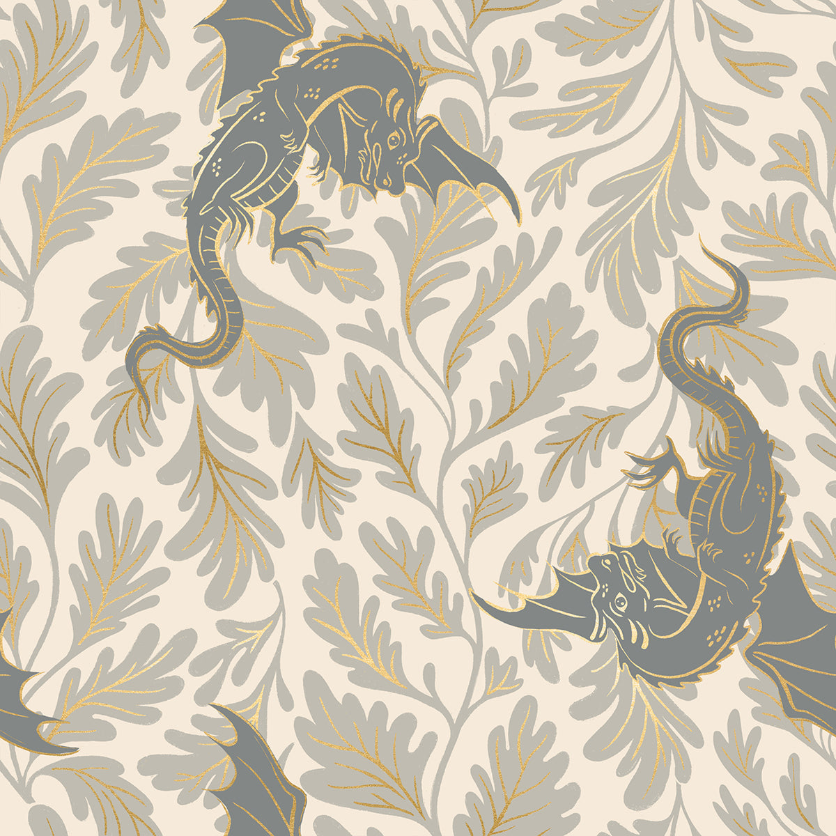 Fireglow Dragon Lair Novelty Metallic Dragon Fantasy Oyster by Sarah Watts for Moda Fabrics RS2132-11M