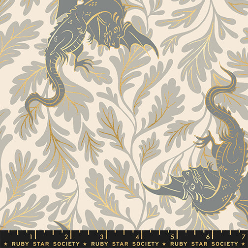Fireglow Dragon Lair Novelty Metallic Dragon Fantasy Oyster by Sarah Watts for Moda Fabrics RS2132-11M scale