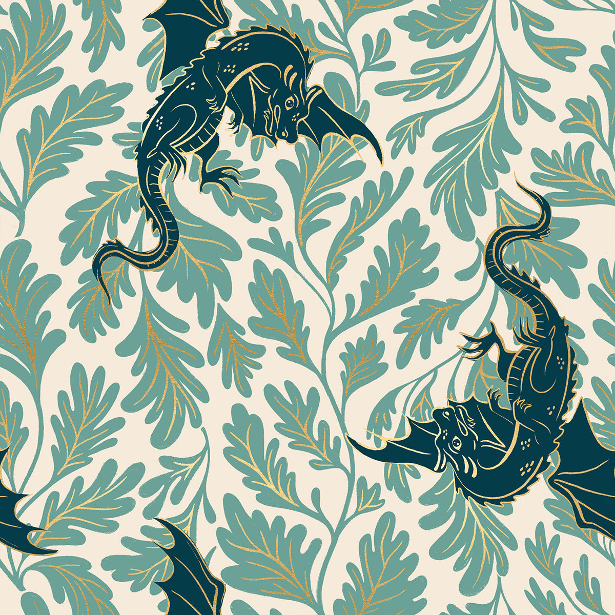 Fireglow Dragon Lair Novelty Metallic Dragon Fantasy Watercress by Sarah Watts for Moda Fabrics RS2132-13M