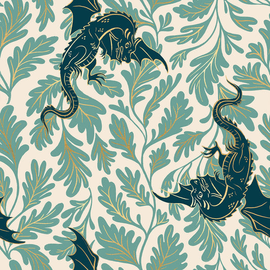 Fireglow Dragon Lair Novelty Metallic Dragon Fantasy Watercress by Sarah Watts for Moda Fabrics RS2132-13M