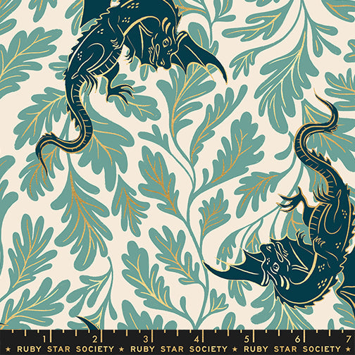 Fireglow Dragon Lair Novelty Metallic Dragon Fantasy Watercress by Sarah Watts for Moda Fabrics RS2132-13M scale