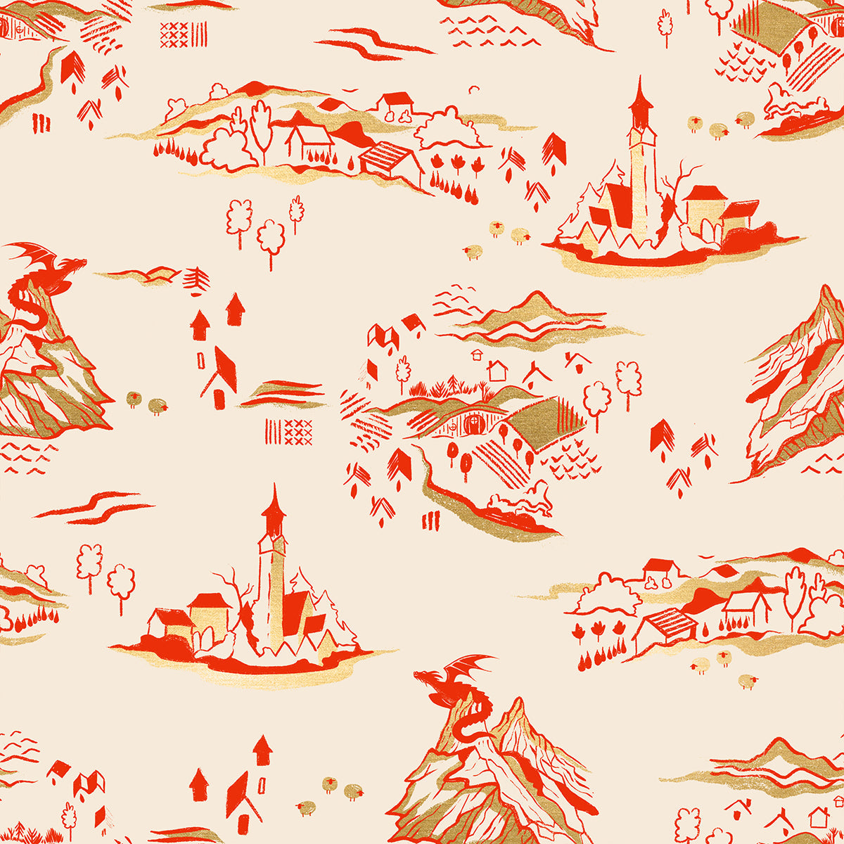 Fireglow Mountain Town Landscape Metallic Dragon Fantasy Village Dark Ruby by Sarah Watts for Moda Fabrics RS2133-11M