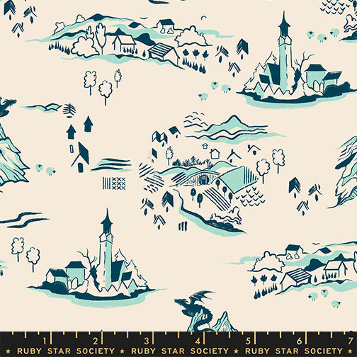 Fireglow Mountain Town Landscape Metallic Dragon Fantasy Village Frost by Sarah Watts for Moda Fabrics RS2133-12 scale