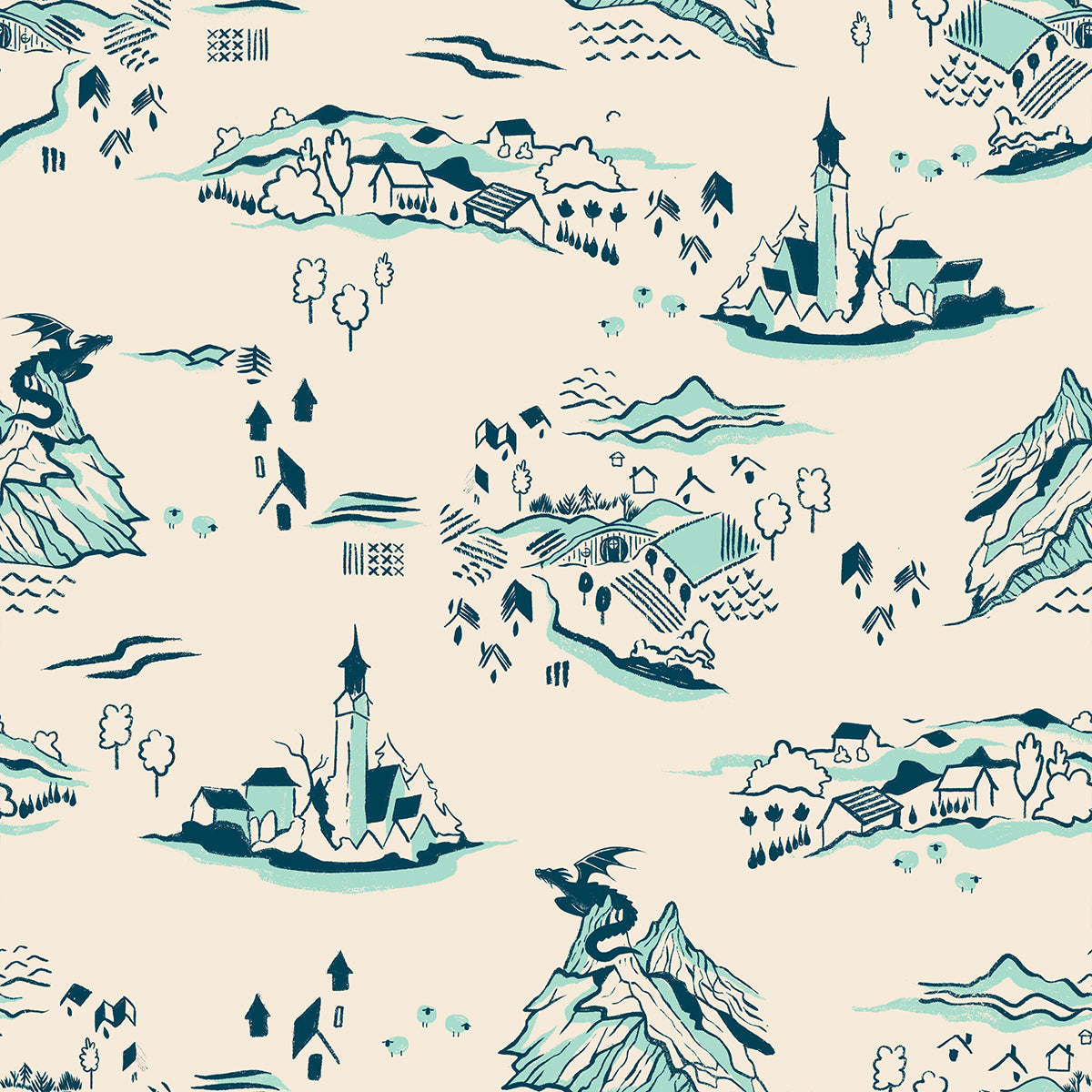 Fireglow Mountain Town Landscape Metallic Dragon Fantasy Village Frost by Sarah Watts for Moda Fabrics RS2133-12
