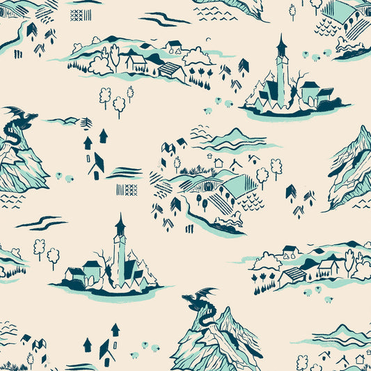 Fireglow Mountain Town Landscape Metallic Dragon Fantasy Village Frost by Sarah Watts for Moda Fabrics RS2133-12