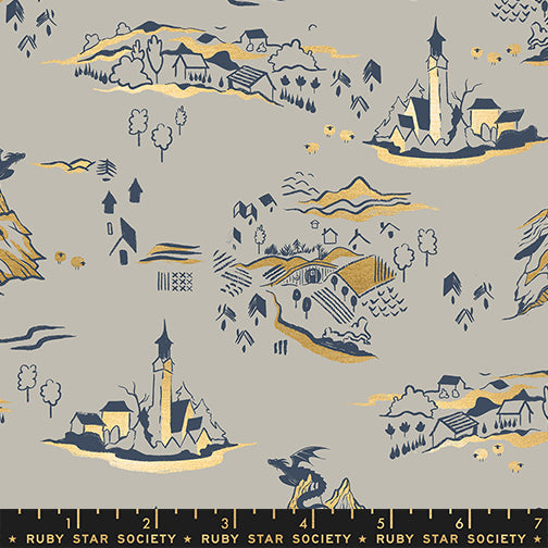 Fireglow Mountain Town Landscape Metallic Dragon Fantasy Village Oyster by Sarah Watts for Moda Fabrics RS2133-13M scale