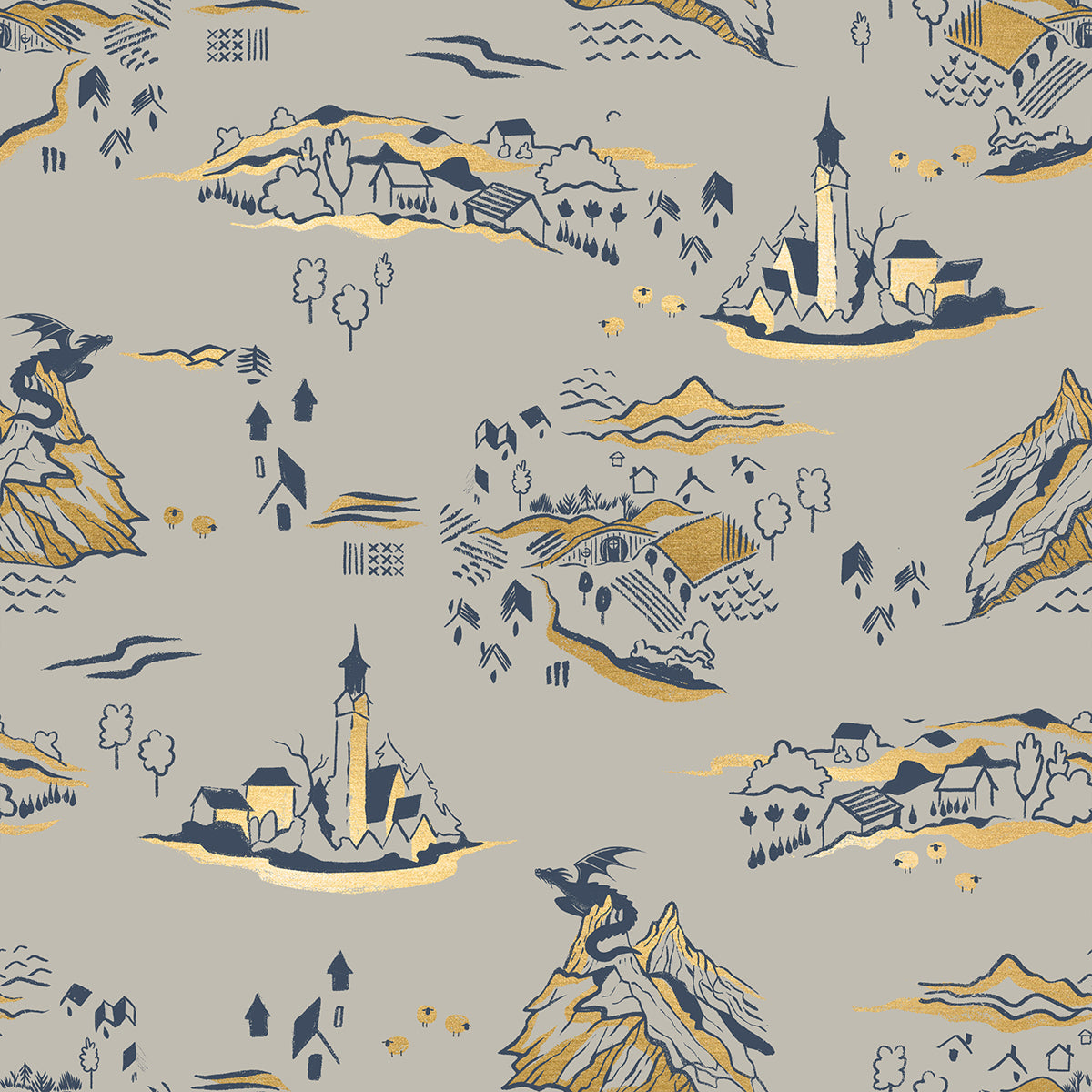 Fireglow Mountain Town Landscape Metallic Dragon Fantasy Village Oyster by Sarah Watts for Moda Fabrics RS2133-13M