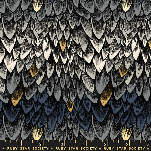 Fireglow Scales Novelty Metallic Feathers Blenders Smoke by Sarah Watts for Moda Fabrics RS2134-14M scale