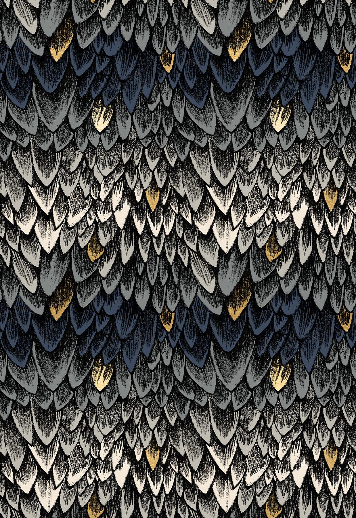Fireglow Scales Novelty Metallic Feathers Blenders Smoke by Sarah Watts for Moda Fabrics RS2134-14M