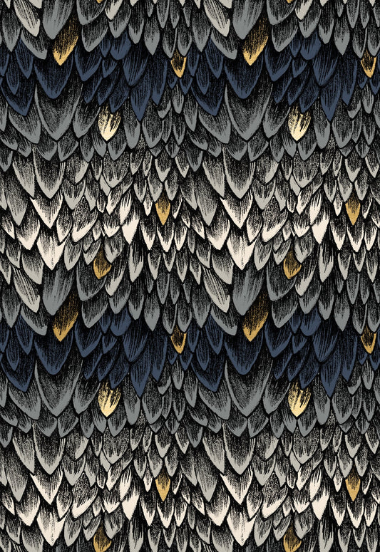 Fireglow Scales Novelty Metallic Feathers Blenders Smoke by Sarah Watts for Moda Fabrics RS2134-14M