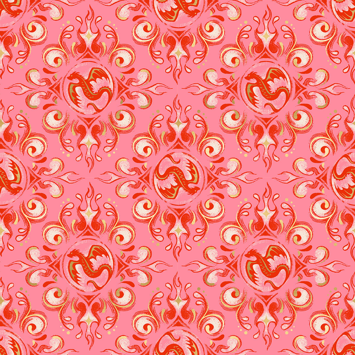 Fireglow Emblem Novelty Metallic Dragon Fantasy Dark Ruby by Sarah Watts for Moda Fabrics RS2136-12M