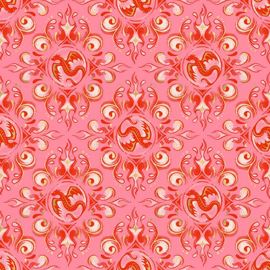 Fireglow Emblem Novelty Metallic Dragon Fantasy Dark Ruby by Sarah Watts for Moda Fabrics RS2136-12M