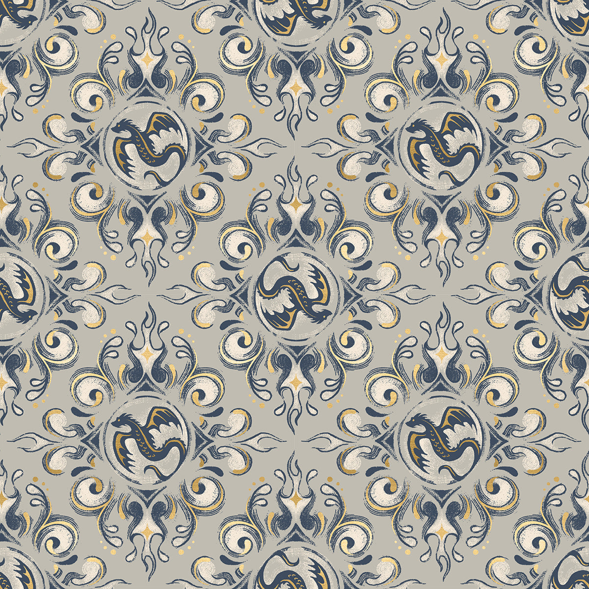 Fireglow Emblem Novelty Metallic Dragon Fantasy Oyster by Sarah Watts for Moda Fabrics RS2136-13M
