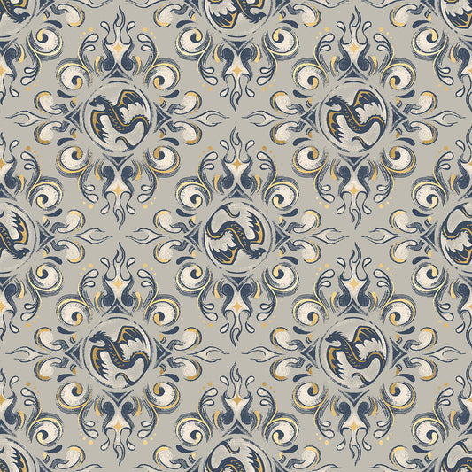 Fireglow Emblem Novelty Metallic Dragon Fantasy Oyster by Sarah Watts for Moda Fabrics RS2136-13M