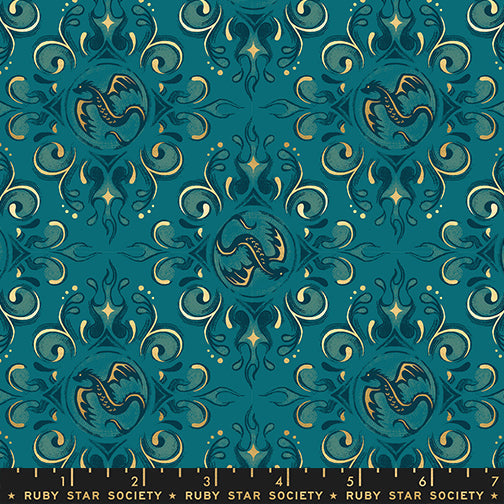 Fireglow Emblem Novelty Metallic Dragon Fantasy Galaxy by Sarah Watts for Moda Fabrics RS2136-14M scale