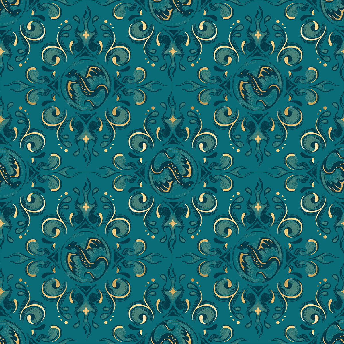 Fireglow Emblem Novelty Metallic Dragon Fantasy Galaxy by Sarah Watts for Moda Fabrics RS2136-14M