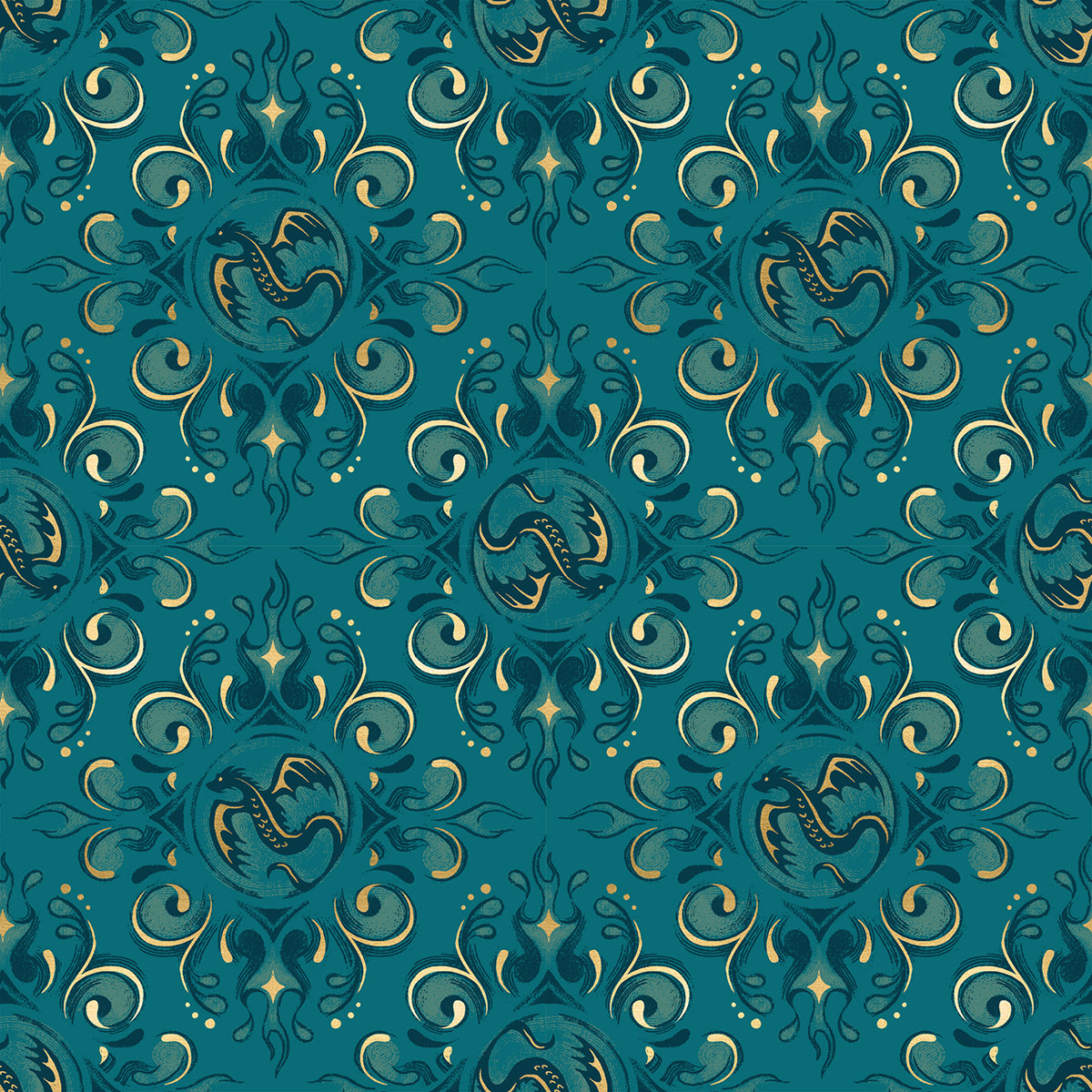Fireglow Emblem Novelty Metallic Dragon Fantasy Galaxy by Sarah Watts for Moda Fabrics RS2136-14M
