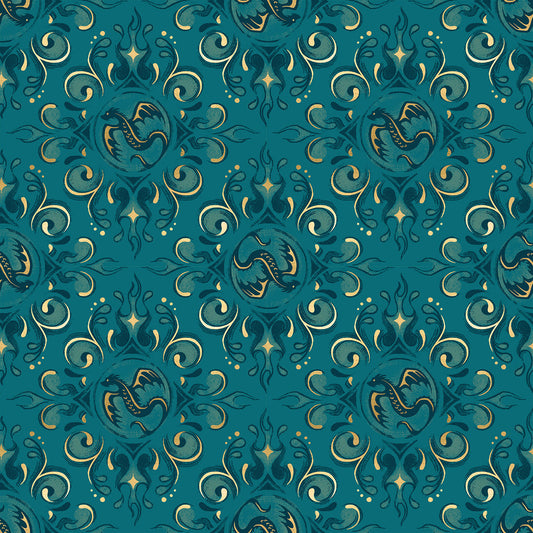 Fireglow Emblem Novelty Metallic Dragon Fantasy Galaxy by Sarah Watts for Moda Fabrics RS2136-14M