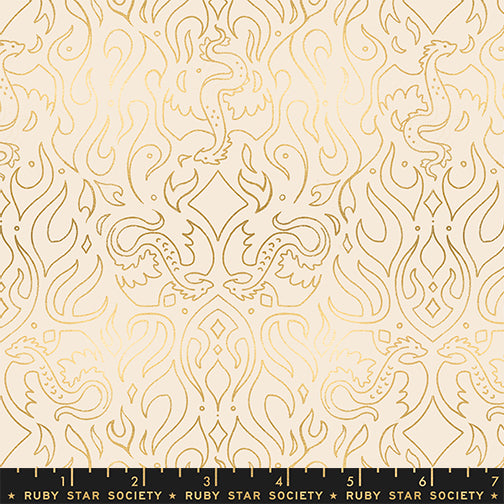 Fireglow Scribe Novelty Metallic Dragon Fantasy Shell by Sarah Watts for Moda Fabrics RS2137-11M scale
