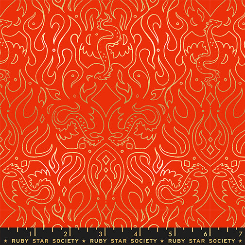 Fireglow Scribe Novelty Metallic Dragon Fantasy Dark Ruby by Sarah Watts for Moda Fabrics RS2137-12M scale